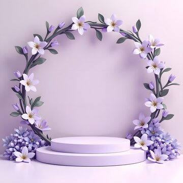 Enchanting Lavender Infused Podium: Nature-inspired 3D Render with Jasmine-Adorned Eye Cream