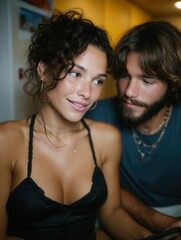 Close-up of a Happy Couple Looking at a Smartphone in a Cozy Indoor Setting