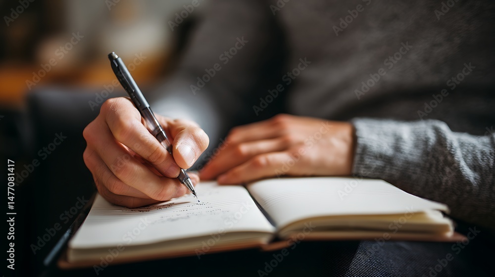 Poster Focused writer jots down important notes in an open notebook with a pen