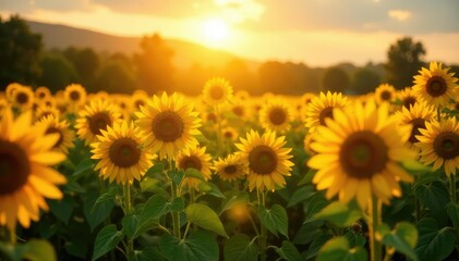 Fototapeta premium Endless field of vibrant sunflowers basking in golden sunlight , landscape, cheerful, rural