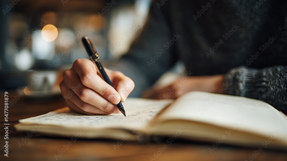 Poster focused writer jots down important notes in an open notebook with a pen