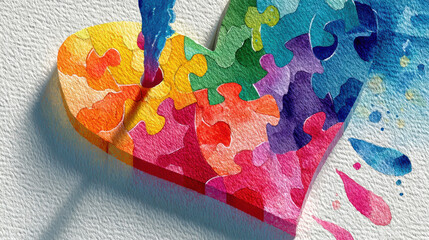 Colorful heart shaped puzzle pieces create vibrant and artistic representation of love and unity, showcasing creativity