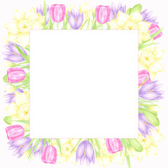 Hand drawn watercolor daffodil tulip and crocus with green leaves frame border isolated on white background. Can be used for postcard, invitation, scrapbook and other printed products.