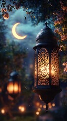 Mystical night lanterns under a crescent moon
