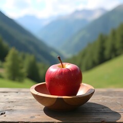 Mountain Serenity: A Fresh Apple in a Rustic Wooden Bowl