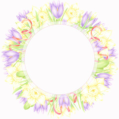 Obraz premium Hand drawn watercolor daffodil and crocus with green leaves and red ribbon wreath frame border isolated on white background. Can be used for postcard, invitation, scrapbook and other printed products.