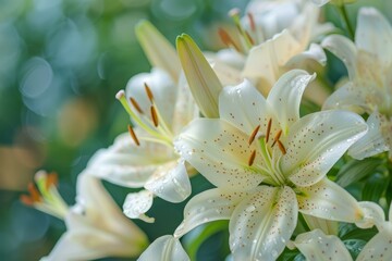 Fototapeta premium Delicate white lilies with water drops blooming in a vibrant garden, creating a serene and beautiful scene
