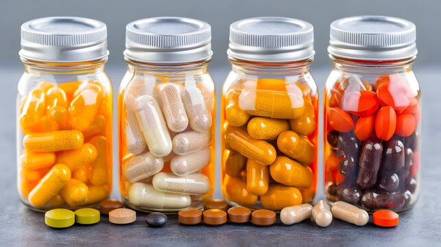 A vibrant collection of dietary supplements displayed in clear jars, showcasing various shapes and colors. Perfect for themes of nutrition, health, and wellness.