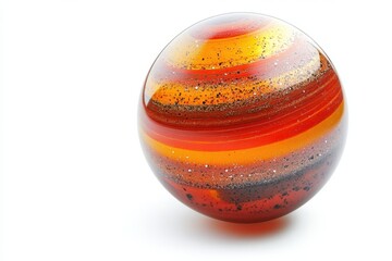 Decorative Glass Ball Close Up Studio Shot on White Background Artful Sphere with Orange Red and Brown Stripes