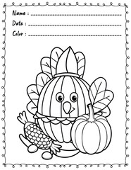 Thanksgiving Coloring Pages For Kid and adult.  
High resolution (300 DPI), 
Ready to print on standard 8.5x11 inch paper With No Bleed, 
Black and White. 
Vector illustration AI, EPS, PNG, JPEG.