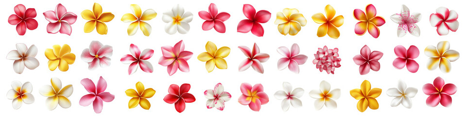 Fototapeta premium An array of various colorful Plumeria flowers are displayed on transparent background for floral designs