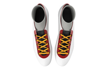 TRAIL RUNNING TRAINER SHOES SNEAKER FOOTBALL SOCCER, Pair of White Trail Running Shoes with Red Accents, Orange Laces, and Grey Socks,  Soccer Cleats with Studded Soles and Colorful Details on a PNG
