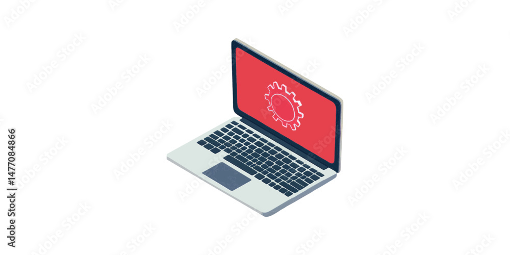 Poster isometric laptop with a red screen displaying a gear icon, symbolizing settings, configuration, or s