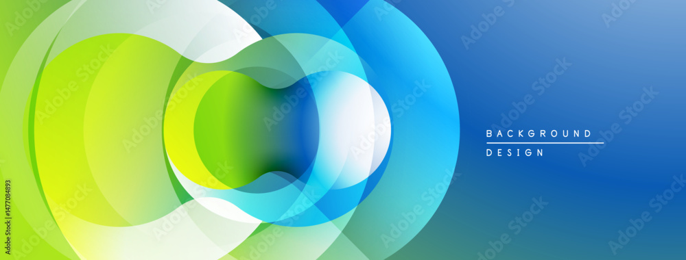Poster Abstract layers create vibrant circular design. Green, blue hues blend, forming dynamic visual effect. Modern, clean aesthetic.