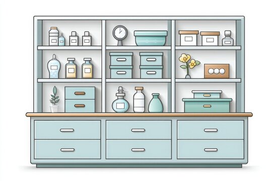 A flat icon-style showroom layout showing various items organized in sections with clean labels