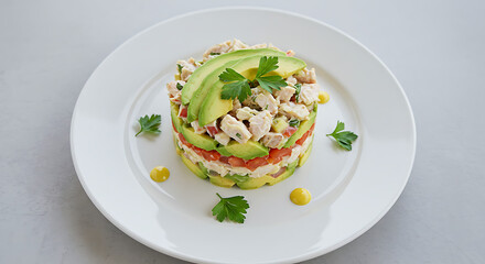 Delicious Layered Chicken and Avocado Salad A Healthy and Refreshing Dish with Vibrant Colors and Fresh Flavors A Culinary Delight