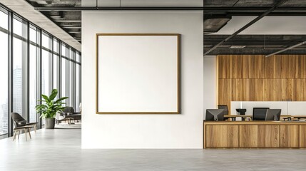 Modern minimalist office space with large windows, sleek wooden kitchen, clean design, professional environment, bright lighting, contemporary decor, open plan, stylish workspace, corporate interior, 