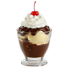 Indulgent ice cream sundae topped with whipped cream and cherry in a glass bowl