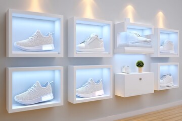A shoe showroom with futuristic sneakers displayed on floating shelves