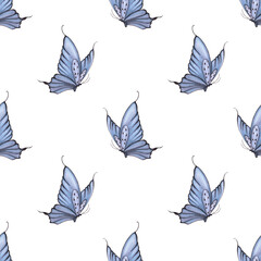 Hand drawn watercolor blue butterfly seamless pattern isolated on white background. Can be used for textile, fabric, scrapbook and other printed products.