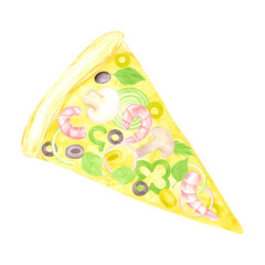 Hand drawn watercolor pizza slice with shrimps pepper and olives isolated on white background. Can be used for label, card, scrapbook and other printed products.