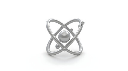 A silver 3D model of an atom, illustrating its core structure with orbiting electrons, set against a clean, white background.