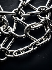Fototapeta premium A detailed close-up of interlinked metal chains against a dark, moody backdrop represents strength, connection, and resilience, symbolizing unbreakable bonds and solidarity.