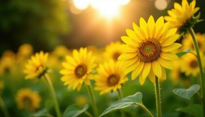 Obraz premium Vibrant sunflowers in full bloom, bathed in sunlight in a picturesque park setting , floral, bright, bright colors