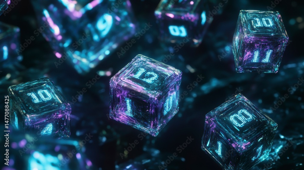 Aufkleber glowing neon number cubes falling in dark space.