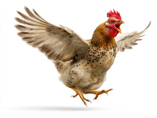 Fototapeta premium Rooster in mid-stride, vibrant red comb and wattle, white and brown feathers, outdoor setting, backlit or illuminated from above, blurred background, focused on movement and detail - AI-Generated