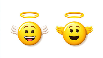 Two smiling angel emoji faces with yellow halos and wings isolated on white background in 3D style