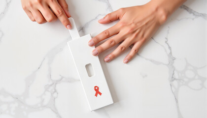 Hands opening test box for HIV screening on marble surface - Concept of World AIDS Day  