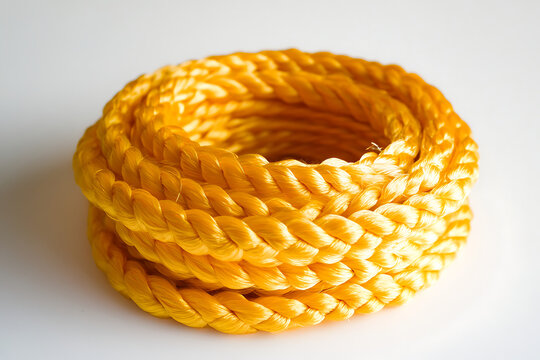 Coiled bright yellow rope arranged neatly on a clean surface, showcasing its texture and color