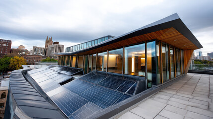 Solar panels on a modern rooftop with city skyline. The concept of an alternative energy source, energy saving, careful attitude to our planet Earth. Ecological energy renewable solar panel plant with