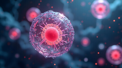 A detailed view of a virus cell, showcasing its intricate structure against a blurred, colorful background.