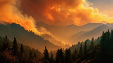 Obraz premium Wildfire spreading through pine forest with heavy smoke and glowing sky over mountains