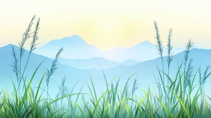 Serene Mountain Landscape with Tall Grass in Foreground Illustration Peaceful Nature Scene