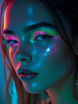 Primo piano delle labbra di una persona con un trucco al neon colorato sotto una luce intensa,  Bella ragazza sexy, trucco luminoso alla moda, labbra d'argento metallico