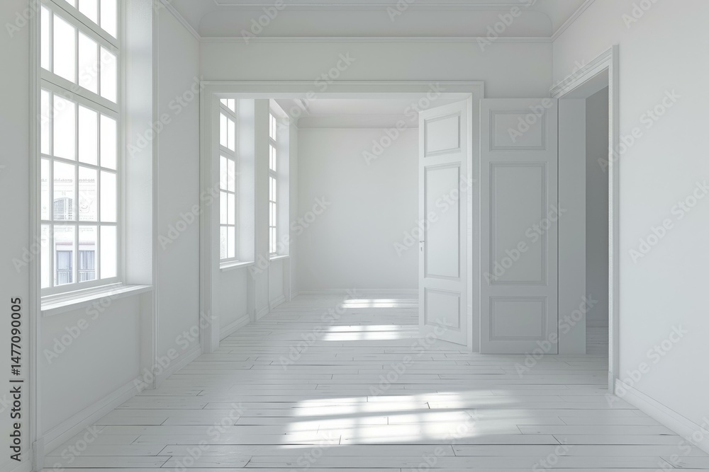 Poster sunlight is illuminating empty white room with open double door and windows