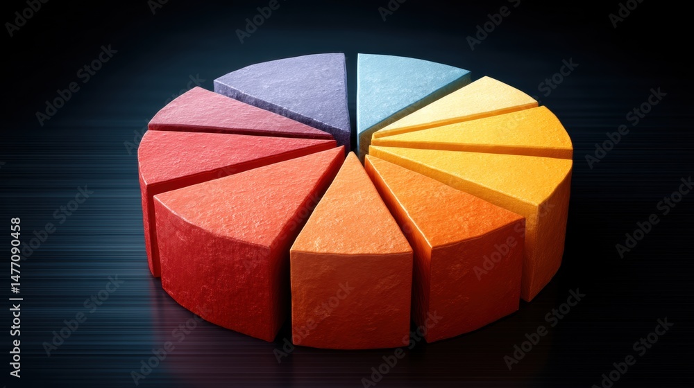 Poster vibrant 3d digital pie chart representation with segments in bright colors on a dark background