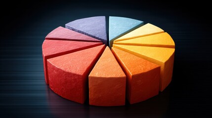 Obraz premium Vibrant 3D Digital Pie Chart Representation with Segments in Bright Colors on a Dark Background
