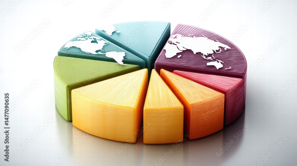Poster stylized 3d pie chart featuring world map overlays in vibrant colors for data visualization and anal