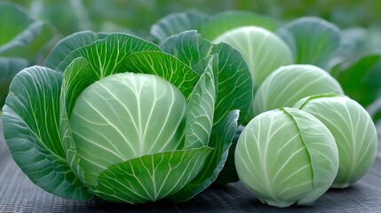 Fototapeta premium Fresh green cabbages with lush leaves, showcasing their vibrant color and natural texture, perfect for food photography, cooking blogs, and agricultural themes.