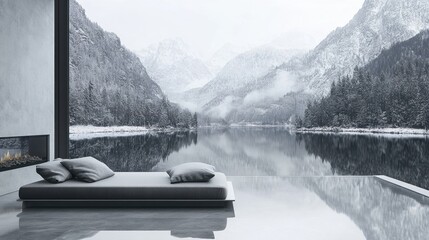 Modern Interior Overlooking Snowy Mountain Lake in Winter Serene Minimalism Gray Tones Reflective Surface Tranquil Scene