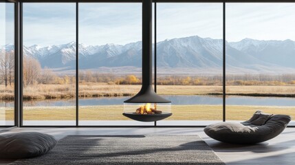 Modern Interior with Hanging Fireplace and Mountain View from Large Windows in a Luxury Home Interior Design