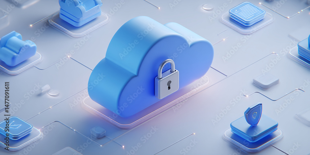 Poster 3d rendering of blue cloud icon with padlock, symbolizing secure cloud computing and data protection