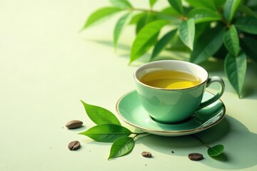 Sketch of green tea leaves on elegant business card mockup, elegant, vector, organic tea