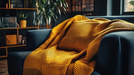 Cozy Mustard Throw Blanket on Blue Armchair in Modern Living Room Interior Decor Still Life
