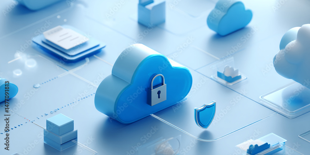 Poster 3d rendering of blue cloud with padlock, symbolizing secure cloud storage, data protection, and digi