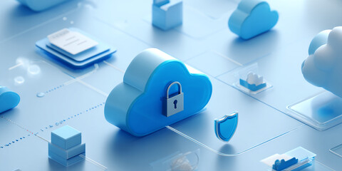 3D rendering of blue cloud with padlock, symbolizing secure cloud storage, data protection, and digital security